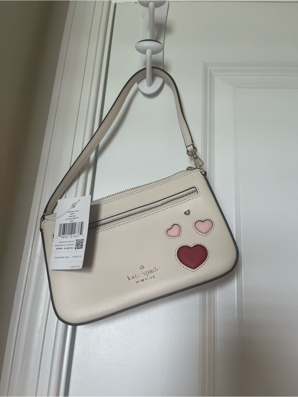 kate spade Cream Leather Shoulder Bag with Pink and Red Heart Accents
